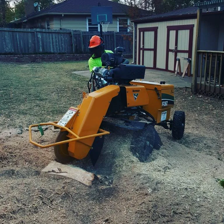 Wichita Tree Service stump grinding a backyard stump